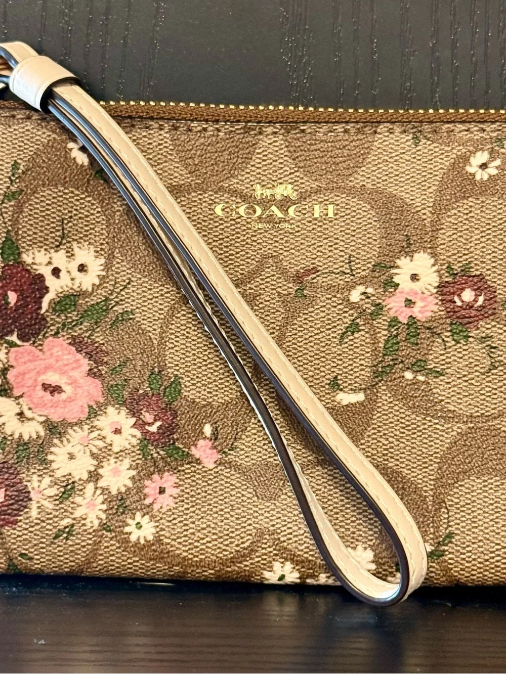 Coach Khaki Floral Signature Canvas Wristlet with Pink Blooms